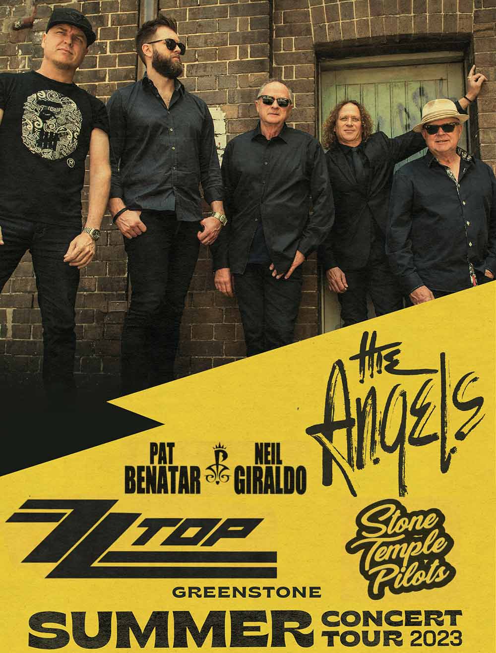 The Angels To Play 2023 Summer Concert Tour In New Zealand - Featuring ZZ Top + Pat Benatar & Neil Giraldo + Stone Temple Pilots - Poster