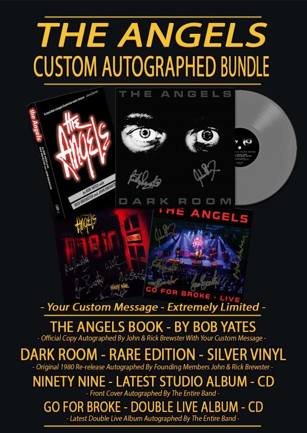 The Angels - Custom Autographed Bundle - Book - Silver Vinyl 'Dark Room' - 'Ninety Nine' CD - 'Go For Broke Live' CD - Promotional Image Collage Of Front Covers Plus Text Descriptions
