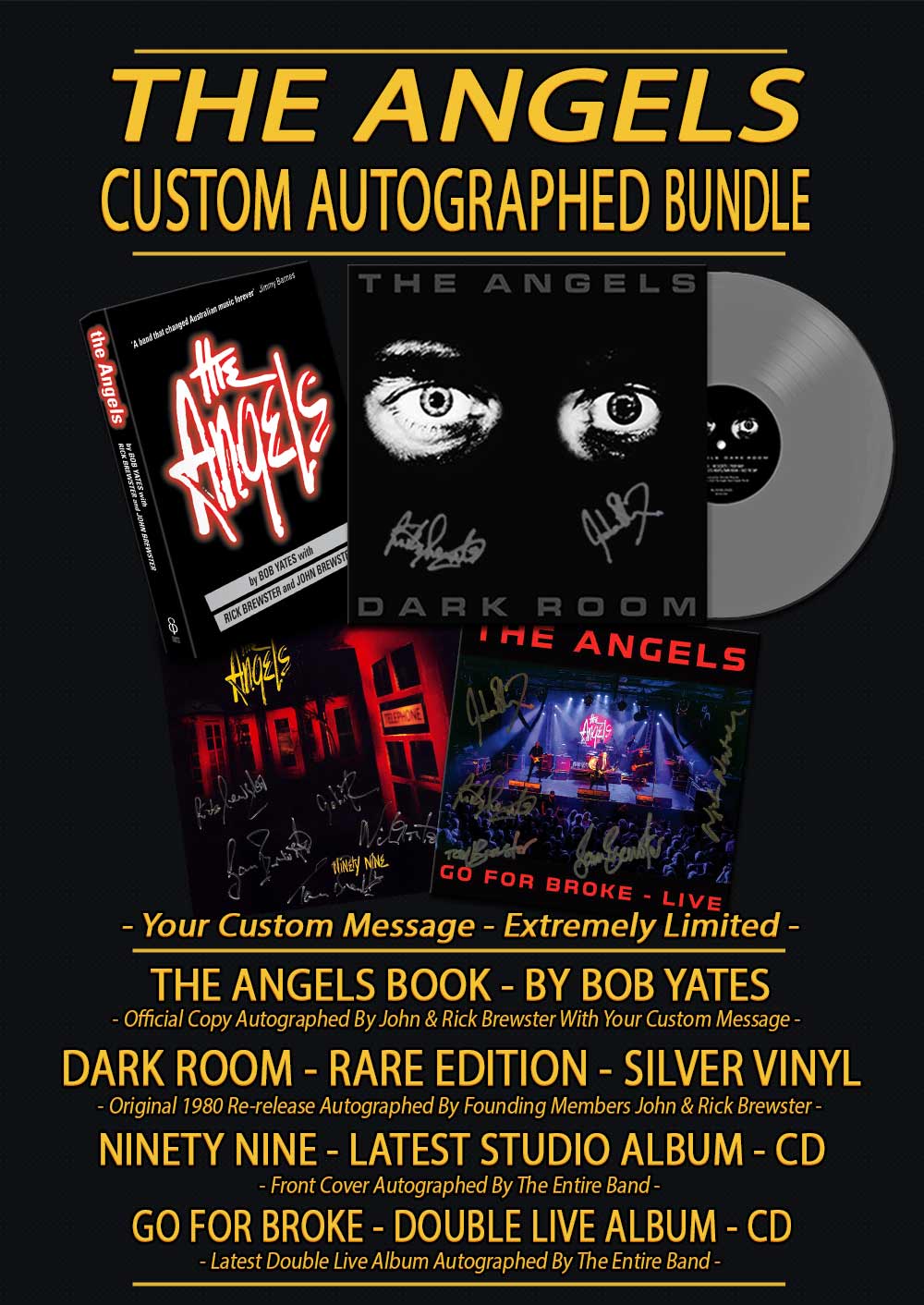 Custom Autographed Bundle <br/>‘Darkroom’ Silver Vinyl & Book<br/>‘Ninety Nine’ & ‘Go For Broke’ CD<br/>Personalised Message
