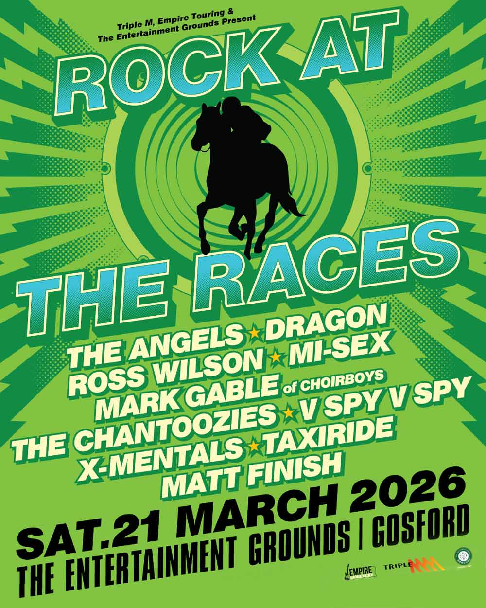 Promotional Poster - The Angels Headline Rock At The Races - Sat 21st Mar - 2026 - Featuring The Angels, Dragon, Ross Wilson, Mi-Sex, Mark Gable(Choirboys), The Chantoozies, V Spy V Spy, X-Mentals, Taxiride & Matt Finish