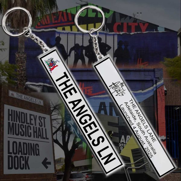 The Angels - Keychain - The Angels Lane Promotional Image - The Angels - Keychain - The Angels Lane - Custom Keychain Shaped Like A Street Sign Showing Details Of Adelaide City Council Naming A Laneyway After The Band