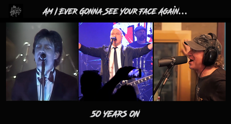 Promotional Image - The Angels - Am I Ever Gonna See Your Face Again - 50 Years On - Promotional Video - Poster Frame with triple split screen photo featuring voalists Doc Neeson, Nick Norton & Dave Gleeson